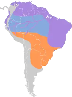 Range of Chivi Vireo 
&nbsp;&nbsp;Fora de reprodução&nbsp;&nbsp;Reprodução&nbsp;&nbsp;Residente