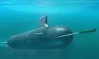 Uma imagem artística demonstrando um submarino da classe Virgínia disparando um torpedo.