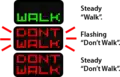 Três alternativos estados possíveis para um simples sinal de pedestres anglófono.