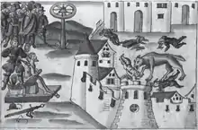 "Em Genebra, um indivíduo, transformado em lobo, ceifou a vida de 16 crianças; sendo posteriormente executado em 15 de outubro de 1580". Desenho a caneta colorido por Johann Jakob Wick.