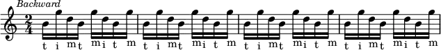 \relative c'' {\clef treble
\time 2/4
\key c \major
\mark \markup { \small \italic "Backward" }
b16-t g'16-i d16-m b16-t g'16-m d16-i b16-t g'16-m | b,16-t g'16-i d16-m b16-t g'16-m d16-i b16-t g'16-m | b,16-t g'16-i d16-m b16-t g'16-m d16-i b16-t g'16-m | b,16-t g'16-i d16-m b16-t g'16-m d16-i b16-t g'16-m
}