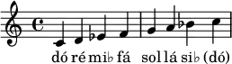 
  \relative c'{c d ees f g a bes c}
  \addlyrics {dó ré "mi♭" fá sol lá "si♭" "(dó)"}

