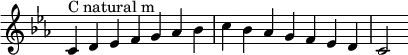  {
\override Score.TimeSignature #'stencil = ##f
\relative c' {
  \clef treble \key c \minor \time 7/4
  c4^\markup "C natural m" d es f g aes bes c bes aes g f es d c2
 }
}
