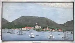 Novo-Arkhangelsk em aquarela assinada “Creole Alexander Olgin 20 de julho de 1837”