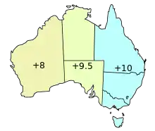Australian Central Time Zone is shown in yellow.